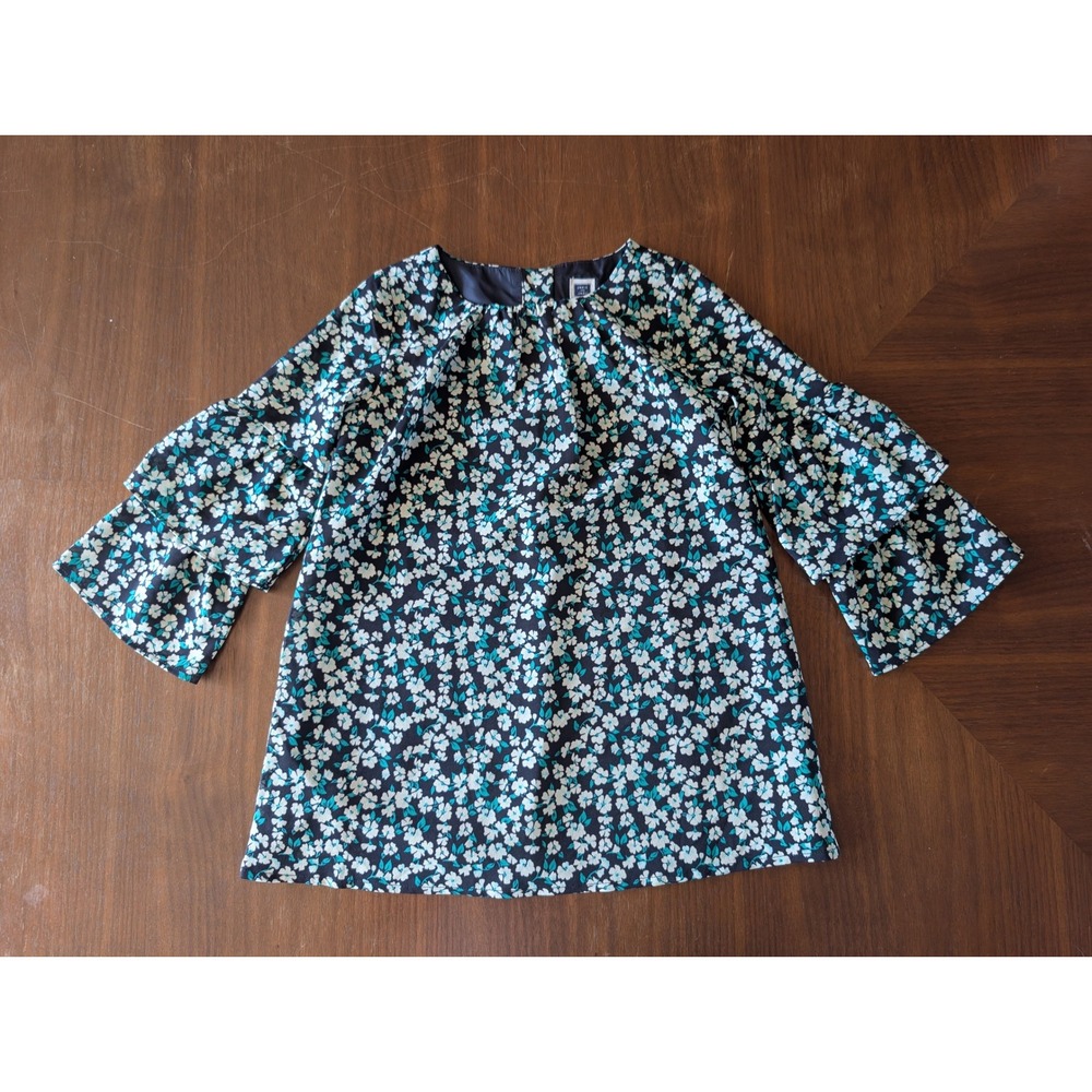 Janie‎ and Jack Girls 2T Navy Teal Floral Tiered Bell Sleeve Button Back Blouse
